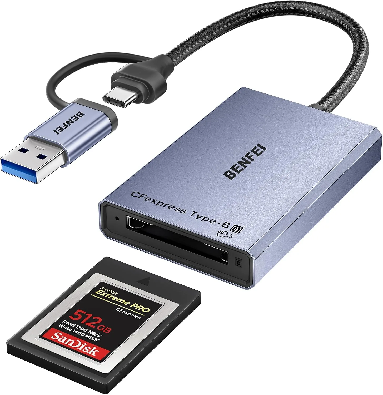 Leitor de cartão CFexpress Tipo B BENFEI cinza com USB-C e USB-A